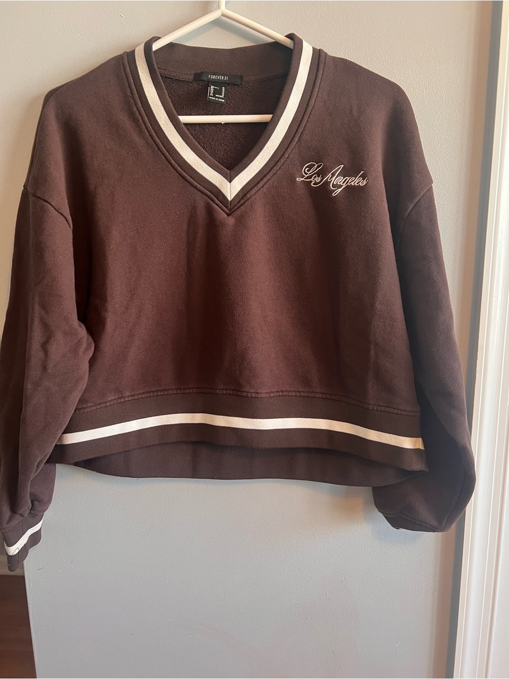 Forever 21 Brown V-Neck Cropped Sweater with White Trim